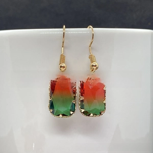 Detail of rectangular faceted earrings featuring a red-green gradient natural stone design