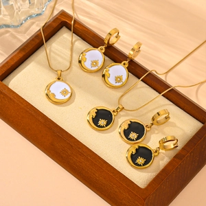 Collier Et Boucles D Oreilles Créoles Soleil Lune Étoile Acier Inoxydable Émail Strass Plaqué Or Bijoux Célestes Femmes
