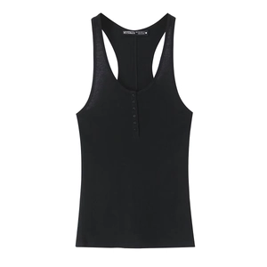 Women's black ribbed racerback tank top with Henley button front and slim fit cotton fabric