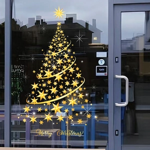 Gouden kerstboom muursticker met sterren en Merry Christmas tekst op glazen deur