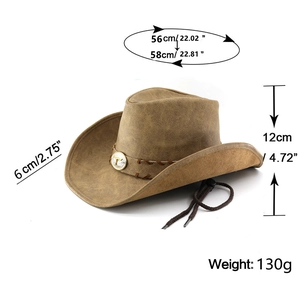 Spécifications de taille pour chapeau de cowboy marron en similicuir avec badge de taureau