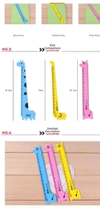 Detailed comparison of giraffe and pony rulers in blue, yellow, and pink colors