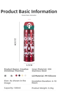 Detailed specs of 500ml Christmas stainless steel thermos with reindeer and snowflake print