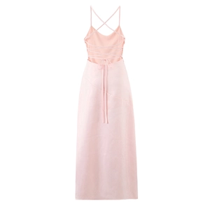 Pink backless maxi dress with cross strap design and elegant irregular slit hem