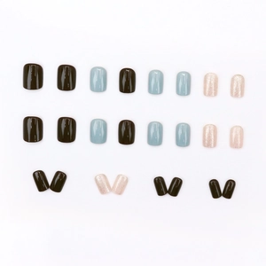 Short square glitter blue and coffee press-on nail kit with high gloss finish
