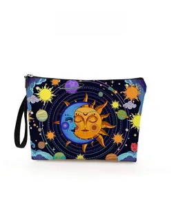 Detailed pattern display of sun moon stars print on the cosmic theme cosmetic bag