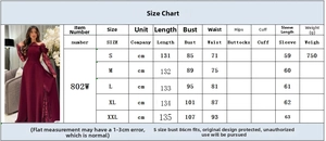 Detailed size chart for burgundy lace long sleeve evening gown from S to XXL