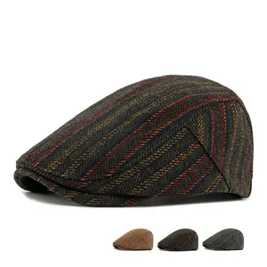 British Retro Wool Blend Flat Cap For Men Women Vintage Herringbone Striped Newsboy Beret Adjustable Winter Warm Hat