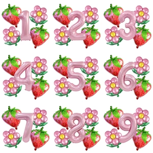 Ballons En Aluminium Fraise Avec Fleur Et Numéro Rose Décoration De Fête D'anniversaire Accessoires De Photographie Tropiques