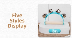 Blue baby handbell with four silver metal bells and a natural wooden handle