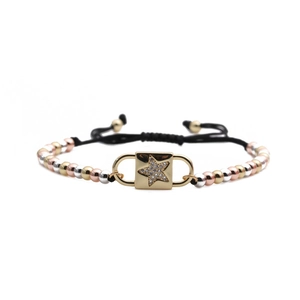 Adjustable black rope bracelet with tri-color beads and a gold star zircon lock pendant