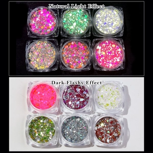 Sparkling nail glitter set showing natural light and dark flashy effects in clear jars