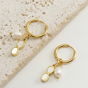 Hoop Earrings Stainless Steel Natural Artificial Pearl White Shell Pendants Geometric 18K Gold Plated French Style Women Jewelry