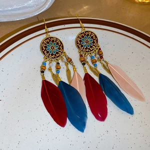 Macro detail of Bohemian feather earrings with vintage metal leaf and bead accents