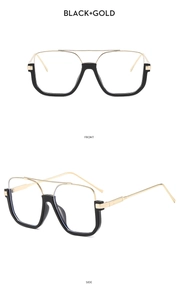 Front and side view of classic pilot style sunglasses with double bridge black and gold frame