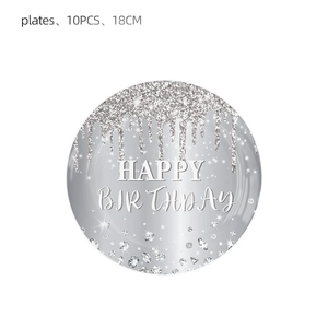 Silver Happy Birthday paper plates with diamond pattern and glitter drip effect, 10pcs 18cm