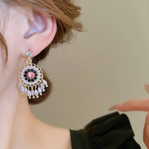 Vintage floral drop earrings with pink crystals and lavender bead tassels for women