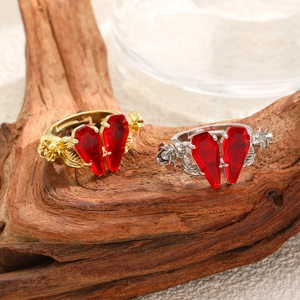 Gothic rose and coffin-shaped red zircon open ring in gold and silver finish