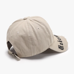 Beige vintage canvas baseball cap with gothic letter embroidery and distressed edges
