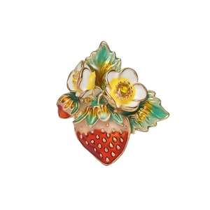 Chic enamel strawberry brooch for women featuring red berry and white floral accents