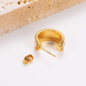 Minimalist 18k gold stainless steel C-shaped hoop earrings featuring white pearl inlay