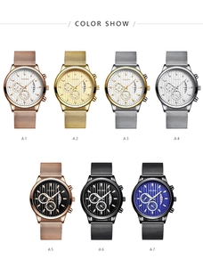 Detailed grid showing seven stylish quartz watch colors with woven mesh metal bands