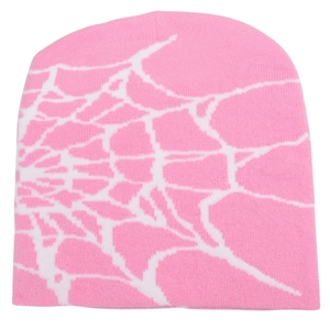 Detail of pink knitted beanie with white spider web jacquard pattern on flat layout
