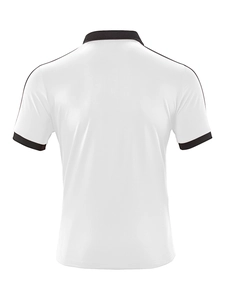 Rear view of casual short sleeve polo shirt in white with black collar and cuff details