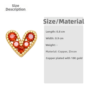 Detailed view of heart stud earrings with red zircons and dimensions of 0.8cm by 0.9cm