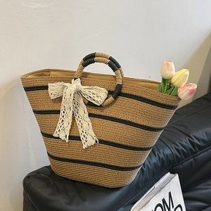 Sac Cabas Tissé en Paille pour Femmes Grande Capacité Plage Vacances Sac à Main Rayé Avec Nœud en Dentelle Mode Décontracté