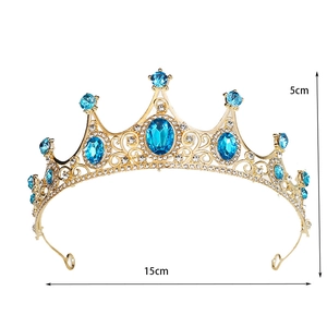 Golden bridal tiara with blue crystals and white rhinestones, 5cm high and 15cm wide