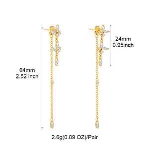 Detailed size view of elegant gold tassel butterfly earrings with white zircon accents