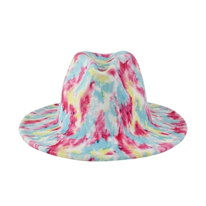 Elegant wide-brim tie-dye felt jazz hat with colorful watercolor ink pattern for men and women