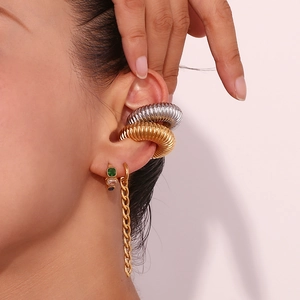 Chic 18K gold plated hollow spiral ear cuffs and chain earrings with gems on model