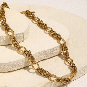 French Vintage Thick Chain Necklace For Women Stainless Steel 18K Gold Plated Geometric Interlocking Rings Fashion Jewelry