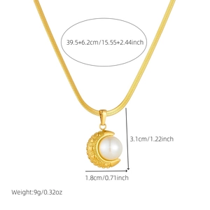 Gold moon pendant necklace with heart pattern, white pearl, and sleek snake chain
