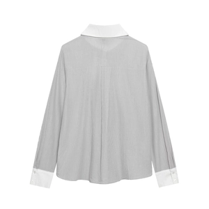 Back view of a striped long-sleeve shirt with contrasting white collar and cuffs