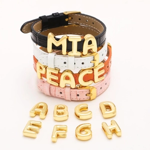 Customizable gold-plated metal letters on multi-colored leather bracelet with needle buckle