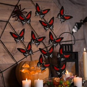 3D gold-stamped skull butterfly wall stickers in black and red for Halloween decoration
