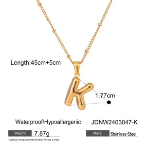 Gold balloon letter K pendant necklace in waterproof stainless steel with 45cm chain