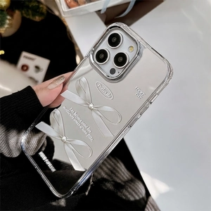 Mirror iPhone 16 Pro Max case with 3D pearl bows and elegant French text design