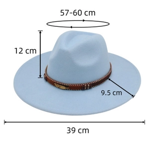 Detailed dimensions of the light blue wide brim jazz hat with 9.5cm brim and woven band