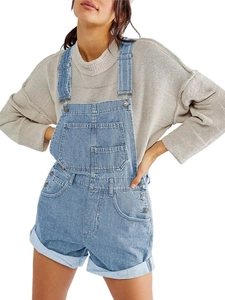 Relaxed fit light blue denim overalls with multiple pockets shown on model with grey sweater
