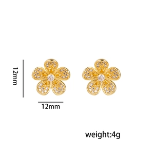 Elegant gold five-petal flower stud earrings with white zircon crystals, 12mm size
