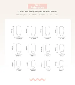 Detailed size guide for press-on nails showing 12 different length and width measurements