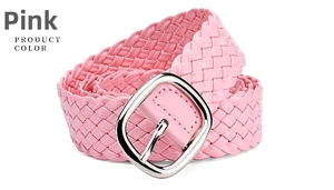Detail of pink woven PU leather belt for dresses with silver square metal buckle