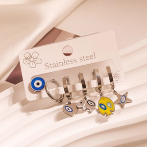 Silver stainless steel earring set with evil eye and animal charms on a display card