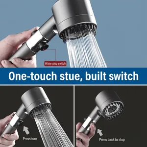 High-pressure handheld shower head with stop switch and silicone massage brush, gun grey finish