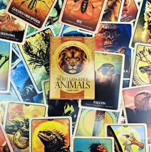 Detailed spread of Secret Language of Animals oracle cards with vivid animal illustrations