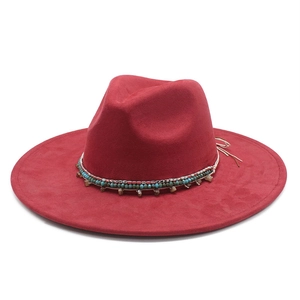 Dark red faux suede fedora hat with wide brim and ethnic beaded turquoise band